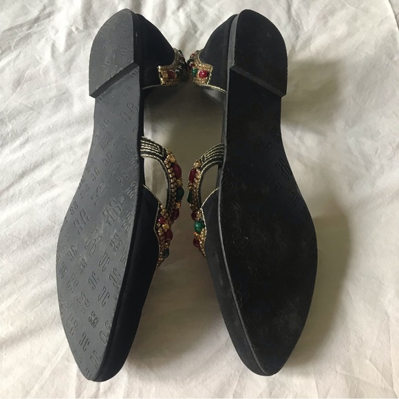 ECS Pointed Slip on Flat Sandals Black Suede Like Red/Green Beads Gold Diamanté - Picture 4 of 7